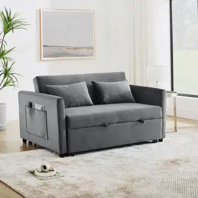 Ebern Designs Convertible Sofa Bed with Adjustable Backrest Lumbar Pillows and Side Pockets