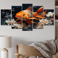 Design Art Asian Golden Carp Glowing I - Animals Wall Art Living Room - 5 Panels