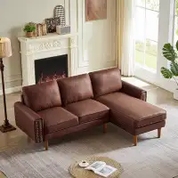 Mercer41 82.2"L-Shape Sofa Couch With Chais Mid-Century Copper Nail On Arms,Strong Wooden Leg And Suede Fabric Design Th