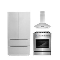 Cosmo 3 Piece Kitchen Package With 30" Freestanding Gas Range 30" Island Range Hood 36" French Door Refrigerator