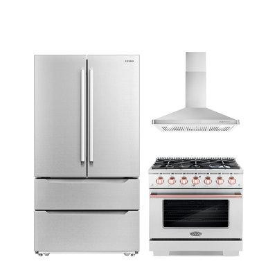 Cosmo Cosmo 3 Piece Kitchen Appliance Package with French Door Refrigerator , 36'' Gas Freestanding Range , and Wall Mou in Refrigerators