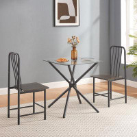 Ebern Designs Square Glass Tempered Dining Table with 4 Legs and 2 Metal Chair for Home