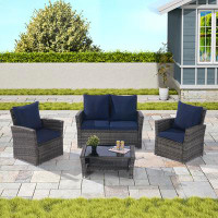 Winston Porter Elegant 4-piece Grey Rattan Outdoor Patio Set: Garden Chairs & Tempered Glass Table, Dark Blue Cushions