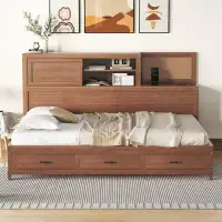 Red Barrel Studio Full Size Wooden Daybed With 3 Storage Drawers, Upper Soft Board, Shelf, And A Set Of Sockets And USB