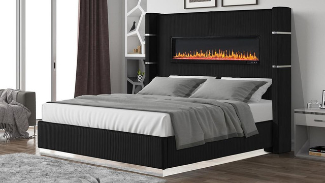 Spring Sale!!  Beautiful Black Upholstered bed with Builtin Fireplace place &amp; Bluetooth speaker dans Lits et matelas  à Région d’Edmonton - Image 3