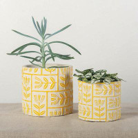 Winston Porter Set Of 2 Antique White With Yellow Leaf Pattern Planters