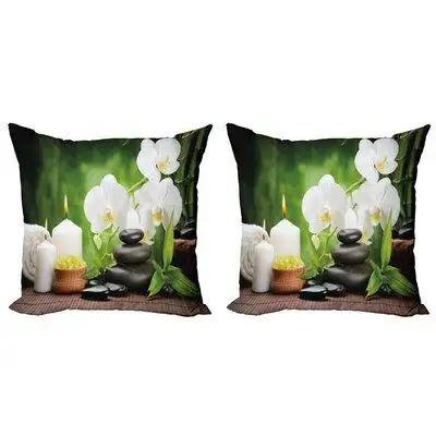 East Urban Home Ambesonne Spa Throw Pillow Cushion Cover Pack Of 2, Stones With Orchid And Candles Green Plants At The B