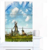 Design Art 'Watercolor Windmill in Netherlands' 3 Piece Wall Art on Wrapped Canvas Set