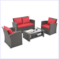 Ebern Designs Modern 4 Set Wicker Furniture With Tempered Glass Table Top