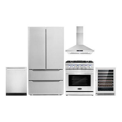 Cosmo 5 Piece Kitchen Package with 30" Freestanding Gas Range  30" Wall Mount 24" Built-in Fully Integrated Dishwasher E in Refrigerators