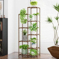 Arlmont & Co. 9 Pots Tall Plant Stand Indoor Outdoor Corner Plant Shelf Wood Flower Stands for Living Room Balcony