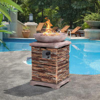 Loon Peak Outdoor Propane Fire Pit Table W Faux Brown Compact Ledge Stone 20-Inch Square Base And Faux Rose-Marble Round