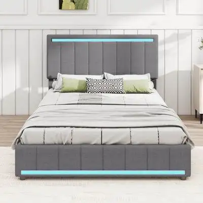 Latitude Run® Queen Size Upholstered Bed With LED Light And 4 Drawers