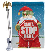 Breeze Decor Santa Stop Here - Impressions Decorative Aluminum Pole & Bracket House Flag Set HS114137-BO-02