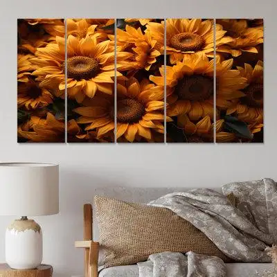 August Grove Orange Sunflowers Sunlit Sunflowers I - Floral Wall Decor - 5 Equal Panels