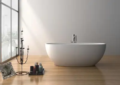 65x31.5 Inch Solid Surface Freestanding Bathtub in Matte White w Center Drain and Overflow Included    LFC