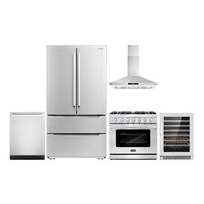 Cosmo 5 Piece Kitchen Package With 36" Freestanding Gas Range  36" Wall Mount 24" Built-in Fully Integrated Dishwasher E in Refrigerators