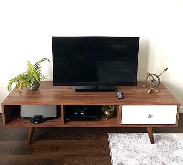 Mid Century Modern Wood TV Stand Media Console Side End Table Bookshelf Shelf in TV Tables & Entertainment Units