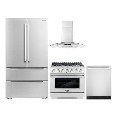 Cosmo 4 Piece Kitchen Package with French Door Refrigerator & 35.5" Freestanding Gas Range in Refrigerators