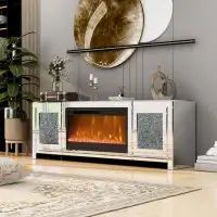 Everly Quinn Mirror Glass TV Stand With Electric Fireplace, Crystal Decor Doors