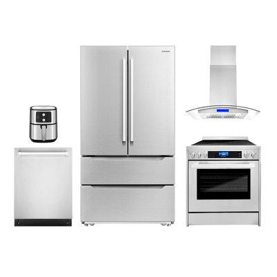Cosmo 5 Piece Kitchen Package with 30" Freestanding Electric Range  30" Island Range Hood 24" Built-in Fully Integrated  in Refrigerators