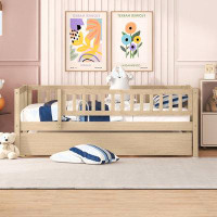 Harriet Bee Twin Size Wood Daybed with Trundle and Fence Guardrails