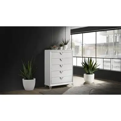 Rosdorf Park Josiel Modern Style 5-Drawer Chest With Mirror Accents & V-Shape Handles In White