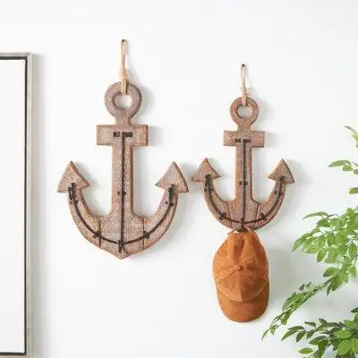 Breakwater Bay Cole And Grey Wood Whitewashed 4 Hanger Anchor Wall Hook With Hanging Rope And Bronze Metal Accents