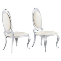 Rosdorf Park White Leather Upholstered Dining Chairs With Oval Back, Polished Gold Stainless Steel Legs