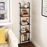 17 Stories Ladder Shelf, 5-Tier Wood Wall Mounted Bookshelf,Rustic Brown