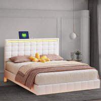 House of Hampton Luxury Style Bed Frame with Upholstered Headboard and LED Lights, Queen Size
