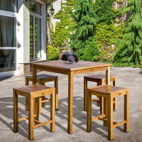 Chic Teak 5 Piece Teak Wood Seville Medium Counter Height Patio Bistro Set, 4 Counters Stools And 35" Square Table