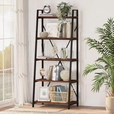17 Stories Ladder Shelf Bookcase, 5-Tier Industrial, Tall Shelves, Wood-Metal.