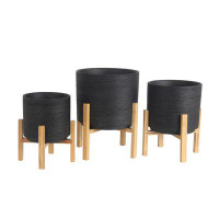 Ebern Designs Set of 3 Woven Black Ceramic Planters with Bamboo Stands