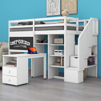 Harriet Bee Jadarose Twin Size Wooden Loft Bed with Pullable Desk,Staircase,Blackboard and Storage Shelves