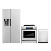 Cosmo 3 Piece Kitchen Package With 30" Freestanding Electric Range 24" Built-in Fully Integrated Dishwasher & Side By Si