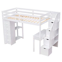 antfurniture Loft Bed With Storage Drawers ,Desk And Stairs, Wooden Loft Bed With Shelves