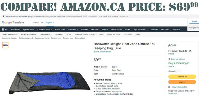 Rockwater Designs® Heat Zone UL150 Ultralite Rectangular Sleeping Bag in Fishing, Camping & Outdoors - Image 3