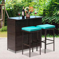 Textiles Hub Patio Outdoor Bar Set With Two Stools And Glass Top Table Patio Brown Wicker Furniture With Removable Cushi