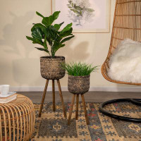 Beachcrest Home Toole Bamboo Planter Pots on Tripod Stands, Indoor and Outdoor Set