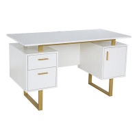 Latitude Run® Techni Mobili White And Gold Desk For Office With Drawers & Storage
