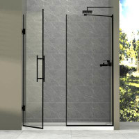 FORCLOVER 58 In W X 71 In H Frameless Reversible Hinged Shower Door With Handle, Matte Black