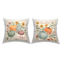East Urban Home Thankful Grateful Autumnal Plants Floral Pumpkins Printed Throw Pillow Design By Janelle Penner (Set Of