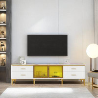 Mercer41 Izreal LED TV Stand with Marble Top and Brown Glass Storage Cabinet, Golden Legs & Handles