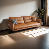 PULOSK 86.58" Orange Genuine Leather Standard Sofa cushion couch