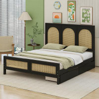 Cosmic Full Size Wood Platform Bed With 2 Drawers, Rattan Headboard And Footboard