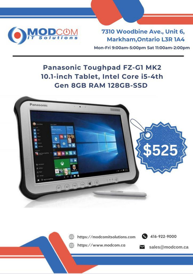 Panasonic ToughPad FZ-G1 MK2 10.1-inch Tablet Laptop Off Lease FOR SALE!!! Intel Core i5-4th Gen 8GB RAM 128GB-SSD in iPads & Tablets