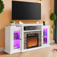 Red Barrel Studio LED Farmhouse Entertainment Centre Detachable Electric Fireplace TV Stand For 70+ Inch, Glass Door, Wh