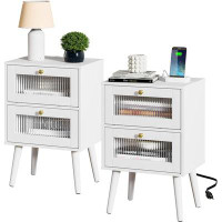 Rubbermaid Modern Nightstand Set Of 2 With Charging Station, White Bedside Tables With Reeded Glass Flip Door And Drawer