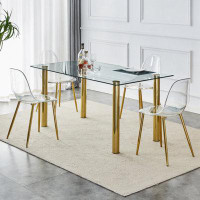 Mercer41 1 Table With 4 Chairs, Transparent Tempered Glass Tabletop, Thickness Of 0.3 Feet, Golden Metal Legs, Paired Wi